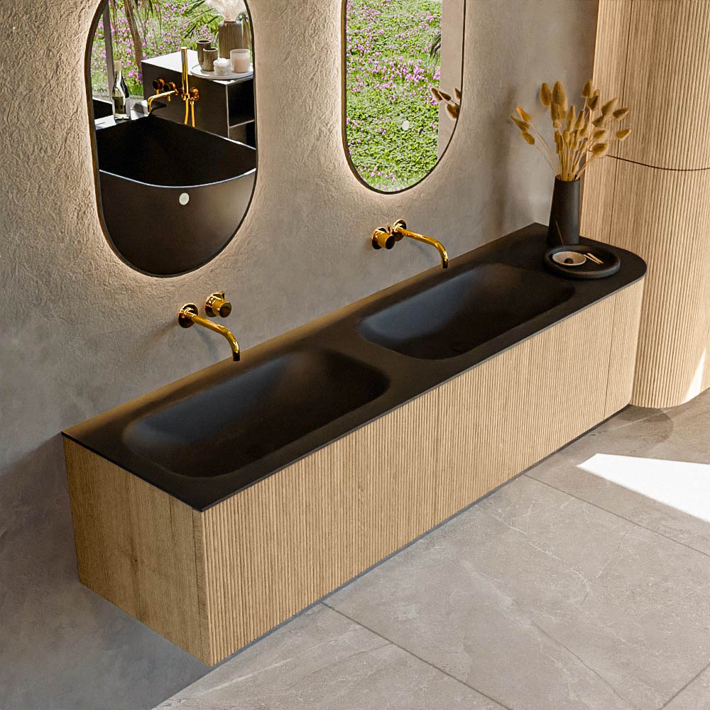 MONDIAZ KURVE 175cm mueble de baño curva Derecha color Oak con 2 cajones y 1 puerta. Lavabo BIG SMALL Doble / Izquierda sin orificio Urban. 1 MONDIAZ KURVE 175cm mueble de baño curva Derecha color Oak con 2 cajones y 1 puerta. Lavabo BIG SMALL Doble / Izquierda sin orificio Urban.