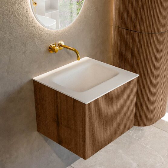 MONDIAZ KURVE 50cm mueble de baño  color Walnut con 1 cajón y sin puerta. Lavabo GRUNNE Centro sin orificio Talc.