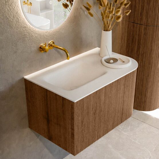 MONDIAZ KURVE 75cm mueble de baño curva Derecha color Walnut con 1 cajón y 1 puerta. Lavabo GRUNNE Izquierda sin orificio Talc.