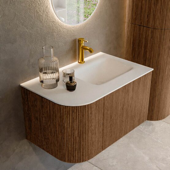 MONDIAZ KURVE 75cm mueble de baño curva Izquierda color Walnut con 1 cajón y 1 puerta. Lavabo GRUNNE Derecho 1 orificio Talc.