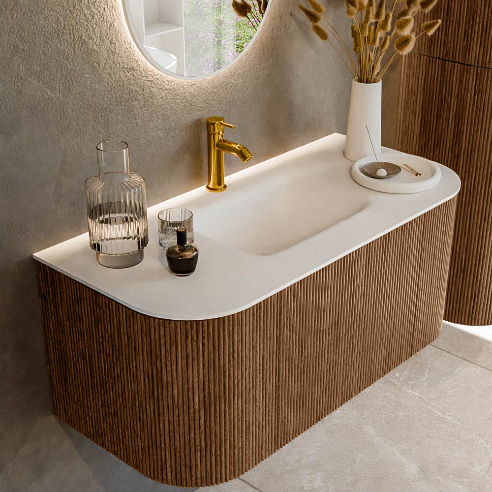 MONDIAZ KURVE 100cm mueble de baño curva Izquierda + Derecha color Walnut con 1 cajón y 2 puertas. Lavabo GRUNNE Centro 1 orificio Talc. 1 MONDIAZ KURVE 100cm mueble de baño curva Izquierda + Derecha color Walnut con 1 cajón y 2 puertas. Lavabo GRUNNE Centro 1 orificio Talc.
