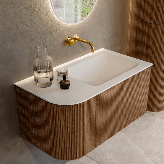 MONDIAZ KURVE 85cm mueble de baño curva Izquierda color Walnut con 1 cajón y 1 puerta. Lavabo CLOUD Derecho sin orificio Talc.
