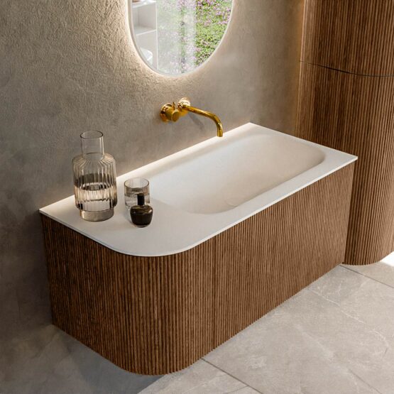 MONDIAZ KURVE 95cm mueble de baño curva Izquierda color Walnut con 1 cajón y 1 puerta. Lavabo BIG SMALL Derecho sin orificio Talc.