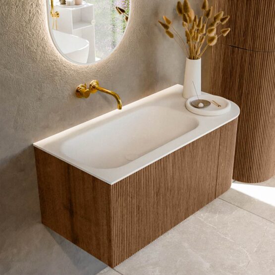 MONDIAZ KURVE 95cm mueble de baño curva Derecha color Walnut con 1 cajón y 1 puerta. Lavabo BIG SMALL Izquierda sin orificio Talc.