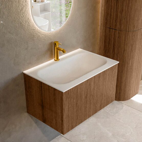 MONDIAZ KURVE 70cm mueble de baño  color Walnut con 1 cajón y sin puerta. Lavabo BIG SMALL Centro 1 orificio Talc.