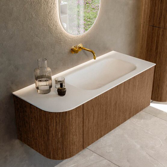 MONDIAZ KURVE 115cm mueble de baño curva Izquierda color Walnut con 1 cajón y 1 puerta. Lavabo BIG SMALL Derecho sin orificio Talc.