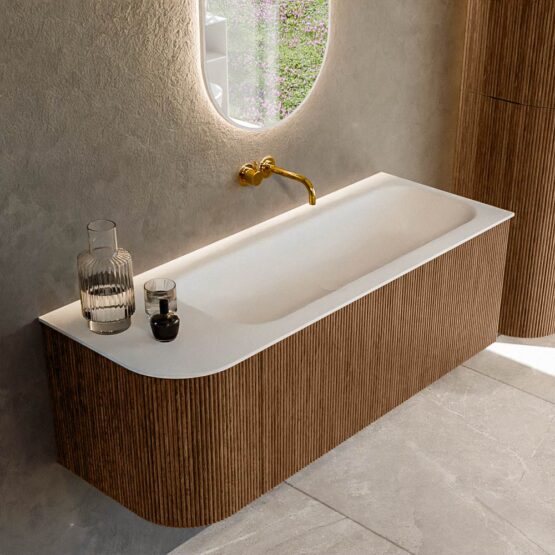 MONDIAZ KURVE 125cm mueble de baño curva Izquierda color Walnut con 1 cajón y 1 puerta. Lavabo BIG MEDIUM Derecho sin orificio Talc.
