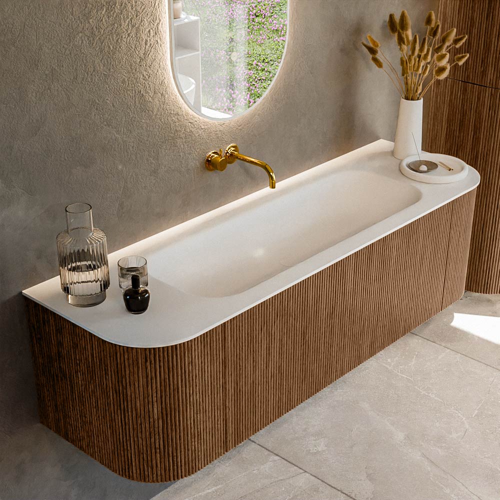 MONDIAZ KURVE 150cm mueble de baño curva Izquierda + Derecha color Walnut con 1 cajón y 2 puertas. Lavabo BIG MEDIUM Centro sin orificio Talc. 1 MONDIAZ KURVE 150cm mueble de baño curva Izquierda + Derecha color Walnut con 1 cajón y 2 puertas. Lavabo BIG MEDIUM Centro sin orificio Talc.