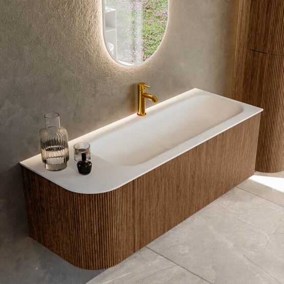 MONDIAZ KURVE 125cm mueble de baño curva Izquierda color Walnut con 1 cajón y 1 puerta. Lavabo BIG MEDIUM Derecho 1 orificio Talc.
