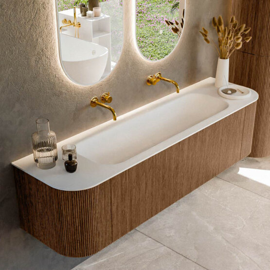 MONDIAZ KURVE 170cm mueble de baño curva Izquierda + Derecha color Walnut con 1 cajón y 2 puertas. Lavabo BIG LARGE Centro sin orificio Talc.