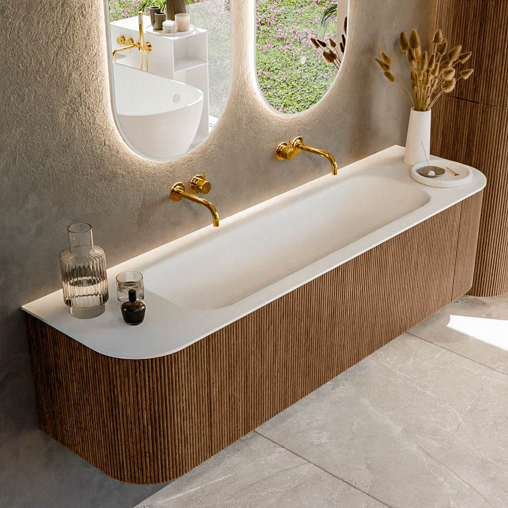 MONDIAZ KURVE 170cm mueble de baño curva Izquierda + Derecha color Walnut con 1 cajón y 2 puertas. Lavabo BIG LARGE Centro sin orificio Talc. 1 MONDIAZ KURVE 170cm mueble de baño curva Izquierda + Derecha color Walnut con 1 cajón y 2 puertas. Lavabo BIG LARGE Centro sin orificio Talc.