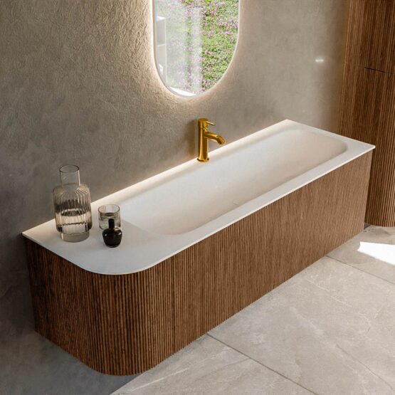 MONDIAZ KURVE 145cm mueble de baño curva Izquierda color Walnut con 1 cajón y 1 puerta. Lavabo BIG LARGE Derecho 1 orificio Talc.