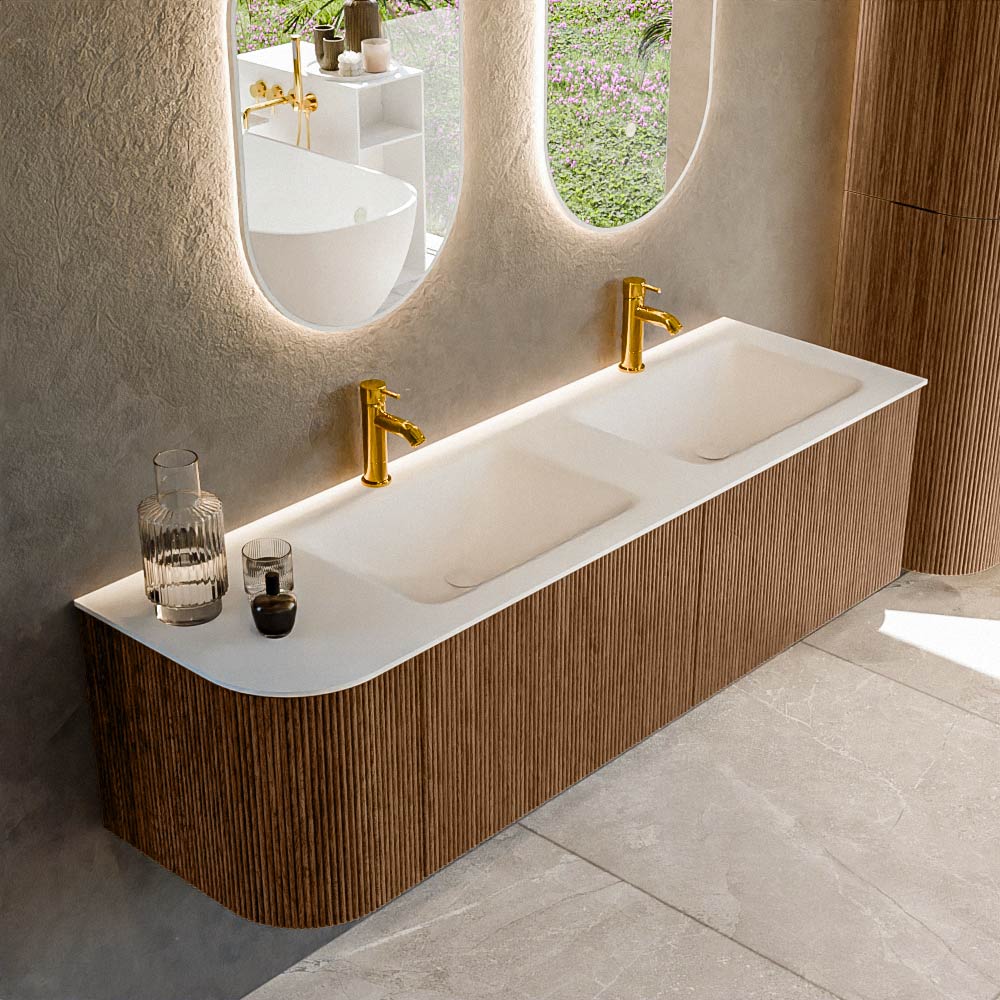 MONDIAZ KURVE 155cm mueble de baño curva Izquierda color Walnut con 2 cajones y 1 puerta. Lavabo CLOUD Doble / Derecho 2 orificios Talc. 1 MONDIAZ KURVE 155cm mueble de baño curva Izquierda color Walnut con 2 cajones y 1 puerta. Lavabo CLOUD Doble / Derecho 2 orificios Talc.