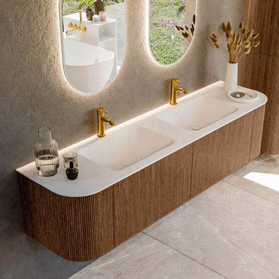 MONDIAZ KURVE 180cm mueble de baño curva Izquierda + Derecha color Walnut con 2 cajones y 2 puertas. Lavabo CLOUD Doble 2 orificios Talc.