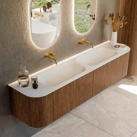 MONDIAZ KURVE 190cm mueble de baño curva Izquierda + Derecha color Walnut con 2 cajones y 2 puertas. Lavabo BIG SMALL Doble sin orificio Talc.