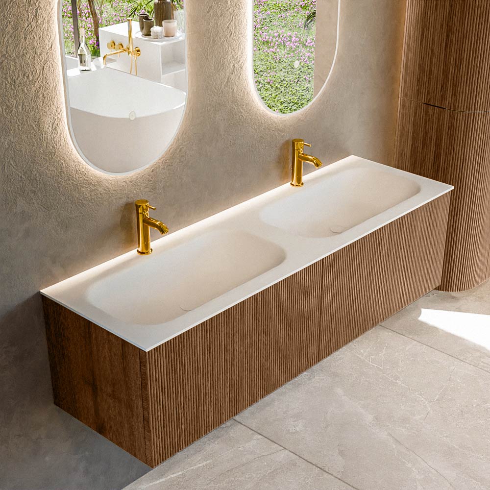 MONDIAZ KURVE 150cm mueble de baño color Walnut con 2 cajones y sin puerta. Lavabo BIG SMALL Doble 2 orificios Talc. 1 MONDIAZ KURVE 150cm mueble de baño color Walnut con 2 cajones y sin puerta. Lavabo BIG SMALL Doble 2 orificios Talc.
