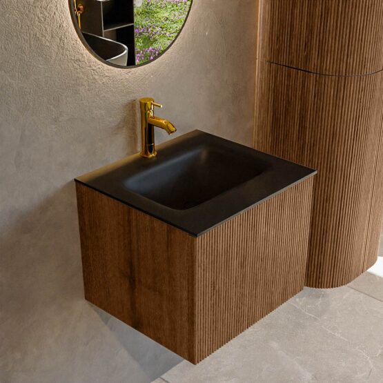 MONDIAZ KURVE 50cm mueble de baño color Walnut con 1 cajón y sin puerta. Lavabo GRUNNE Centro 1 orificio Urban.