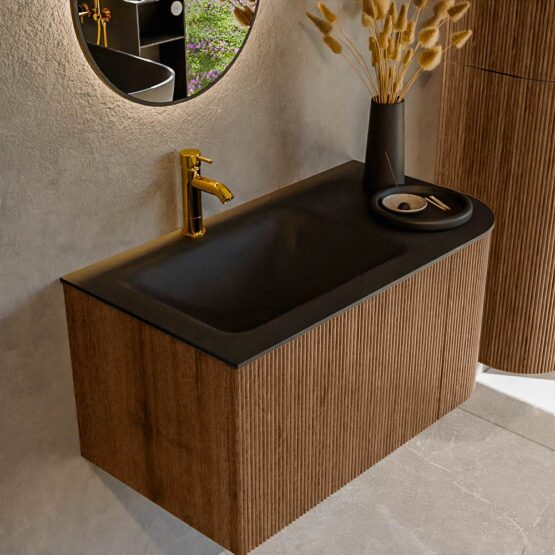 MONDIAZ KURVE 85cm mueble de baño curva Derecha color Walnut con 1 cajón y 1 puerta. Lavabo CLOUD Izquierda 1 orificio Urban.