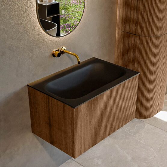 MONDIAZ KURVE 70cm mueble de baño  color Walnut con 1 cajón y sin puerta. Lavabo BIG SMALL Centro sin orificio Urban.