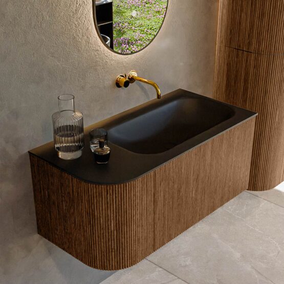 MONDIAZ KURVE 95cm mueble de baño curva Izquierda color Walnut con 1 cajón y 1 puerta. Lavabo BIG SMALL Derecho sin orificio Urban.