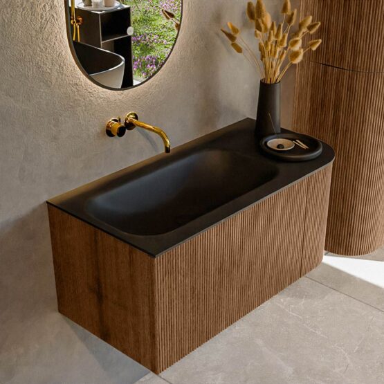 MONDIAZ KURVE 95cm mueble de baño curva Derecha color Walnut con 1 cajón y 1 puerta. Lavabo BIG SMALL Izquierda sin orificio Urban.
