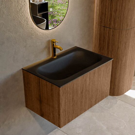 MONDIAZ KURVE 70cm mueble de baño  color Walnut con 1 cajón y sin puerta. Lavabo BIG SMALL Centro 1 orificio Urban.