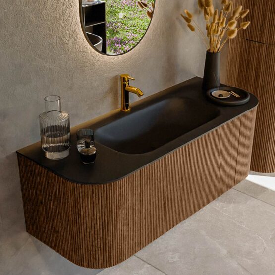 MONDIAZ KURVE 120cm mueble de baño curva Izquierda + Derecha color Walnut con 1 cajón y 2 puertas. Lavabo BIG SMALL Centro 1 orificio Urban.