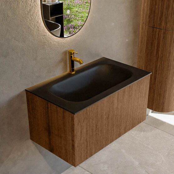 MONDIAZ KURVE 80cm mueble de baño  color Walnut con 1 cajón y sin puerta. Lavabo BIG SMALL Centro 1 orificio Urban.