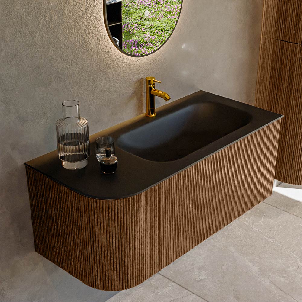 MONDIAZ KURVE 105cm mueble de baño curva Izquierda color Walnut con 1 cajón y 1 puerta. Lavabo BIG SMALL Derecho 1 orificio Urban. 1 MONDIAZ KURVE 105cm mueble de baño curva Izquierda color Walnut con 1 cajón y 1 puerta. Lavabo BIG SMALL Derecho 1 orificio Urban.
