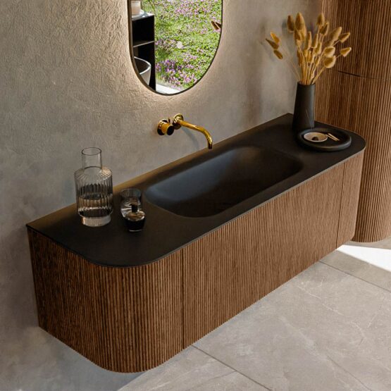 MONDIAZ KURVE 140cm mueble de baño curva Izquierda + Derecha color Walnut con 1 cajón y 2 puertas. Lavabo BIG SMALL Centro sin orificio Urban.