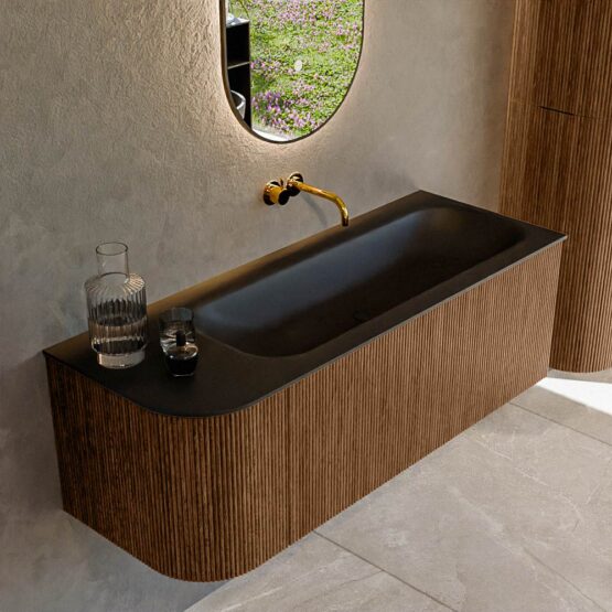 MONDIAZ KURVE 125cm mueble de baño curva Izquierda color Walnut con 1 cajón y 1 puerta. Lavabo BIG MEDIUM Derecho sin orificio Urban.