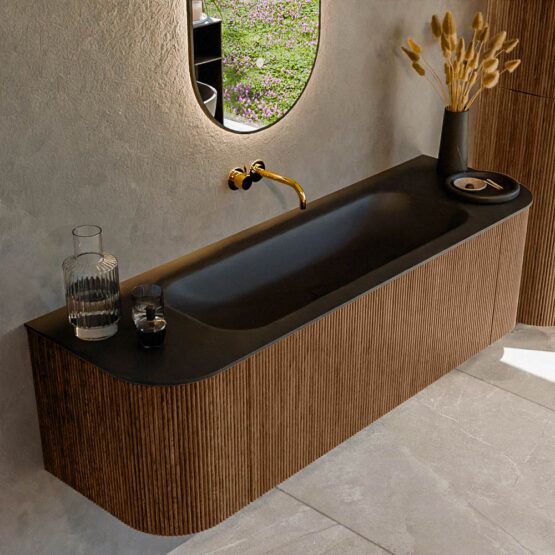 MONDIAZ KURVE 150cm mueble de baño curva Izquierda + Derecha color Walnut con 1 cajón y 2 puertas. Lavabo BIG MEDIUM Centro sin orificio Urban.