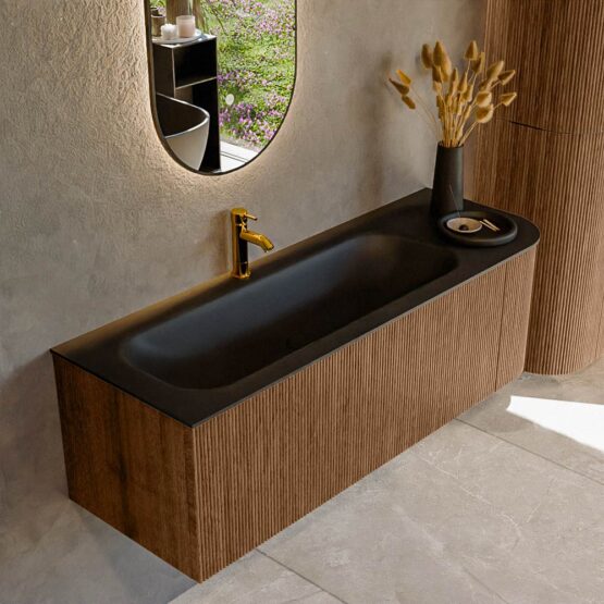 MONDIAZ KURVE 135cm mueble de baño curva Derecha color Walnut con 1 cajón y 1 puerta. Lavabo BIG MEDIUM Izquierda 1 orificio Urban.