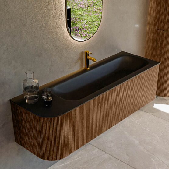 MONDIAZ KURVE 145cm mueble de baño curva Izquierda color Walnut con 1 cajón y 1 puerta. Lavabo BIG LARGE Derecho 1 orificio Urban.