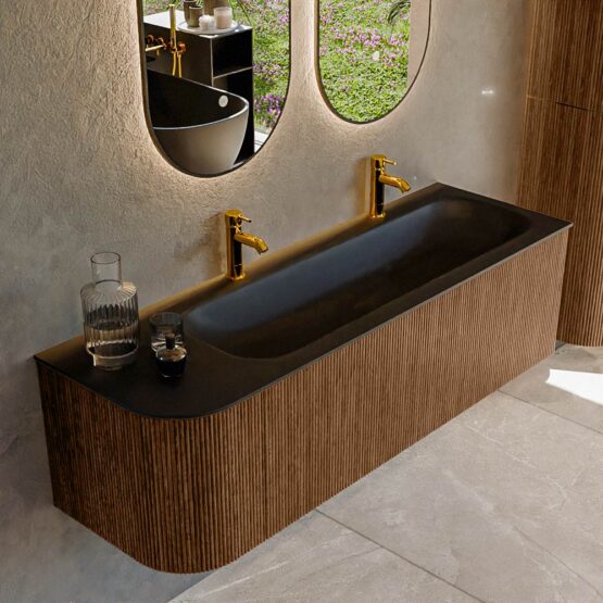 MONDIAZ KURVE 145cm mueble de baño curva Izquierda color Walnut con 1 cajón y 1 puerta. Lavabo BIG LARGE Derecho 2 orificios Urban.