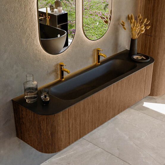 MONDIAZ KURVE 170cm mueble de baño curva Izquierda + Derecha color Walnut con 1 cajón y 2 puertas. Lavabo BIG LARGE Centro 2 orificios Urban.