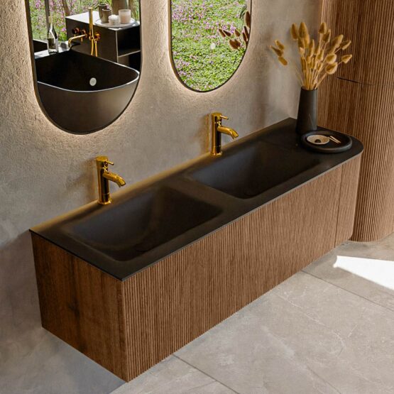 MONDIAZ KURVE 145cm mueble de baño curva Derecha color Walnut con 1 cajón y 1 puerta. Lavabo CLOUD Doble / Izquierda 2 orificios Urban.