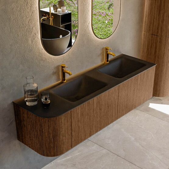 MONDIAZ KURVE 155cm mueble de baño curva Izquierda color Walnut con 2 cajones y 1 puerta. Lavabo CLOUD Doble / Derecho 2 orificios Urban.