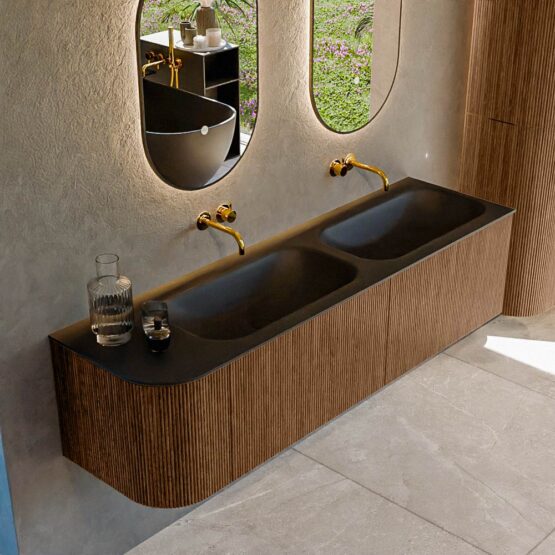 MONDIAZ KURVE 165cm mueble de baño curva Izquierda color Walnut con 2 cajones y 1 puerta. Lavabo BIG SMALL Doble / Derecho sin orificio Urban.