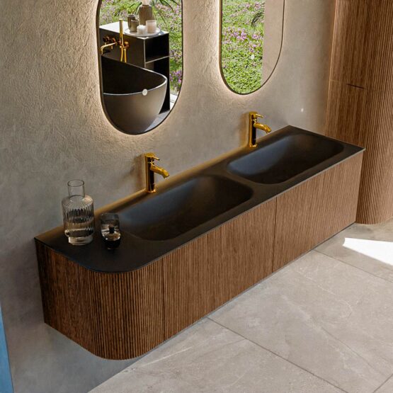 MONDIAZ KURVE 165cm mueble de baño curva Izquierda color Walnut con 2 cajones y 1 puerta. Lavabo BIG SMALL Doble / Derecho 2 orificios Urban.