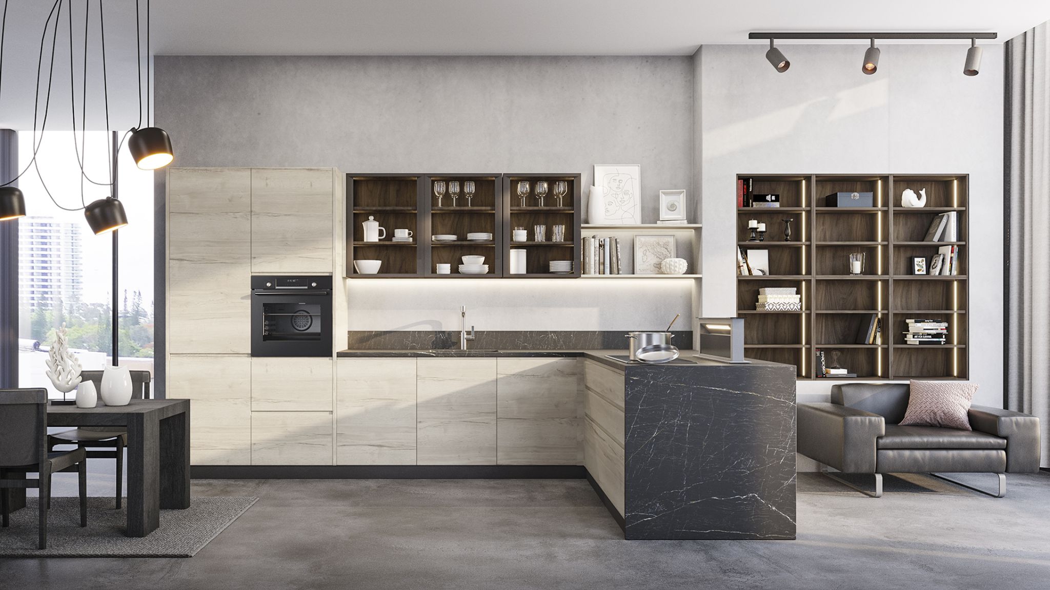 Black friday muebles de cocina de diseño con isla de mármol negro, muebles de madera clara y estanterías iluminadas.