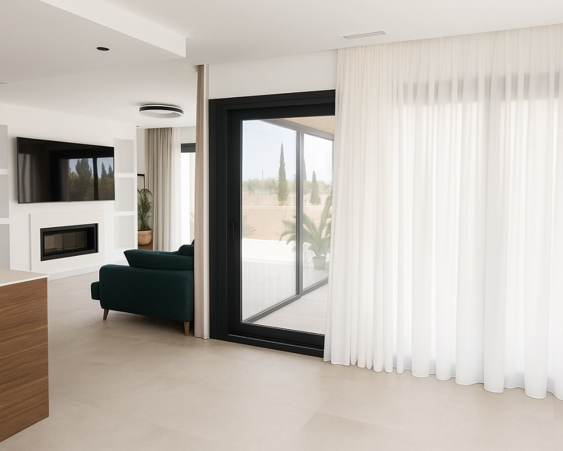 Suelo porcelánico elegante en salón con sofá verde y cortinas blancas