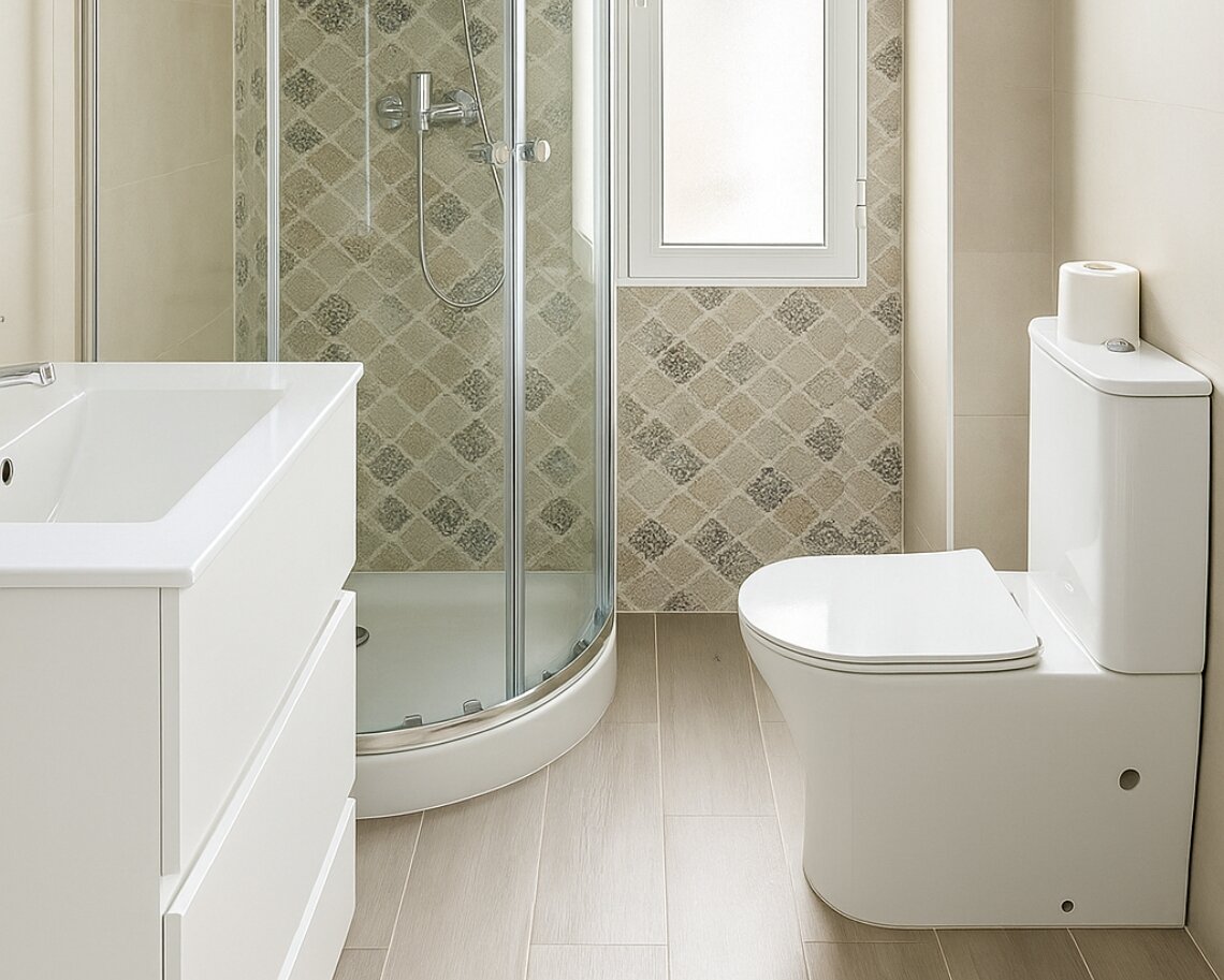 Baño moderno con ducha semicircular de cristal, inodoro compacto y azulejos decorativos en tonos beige