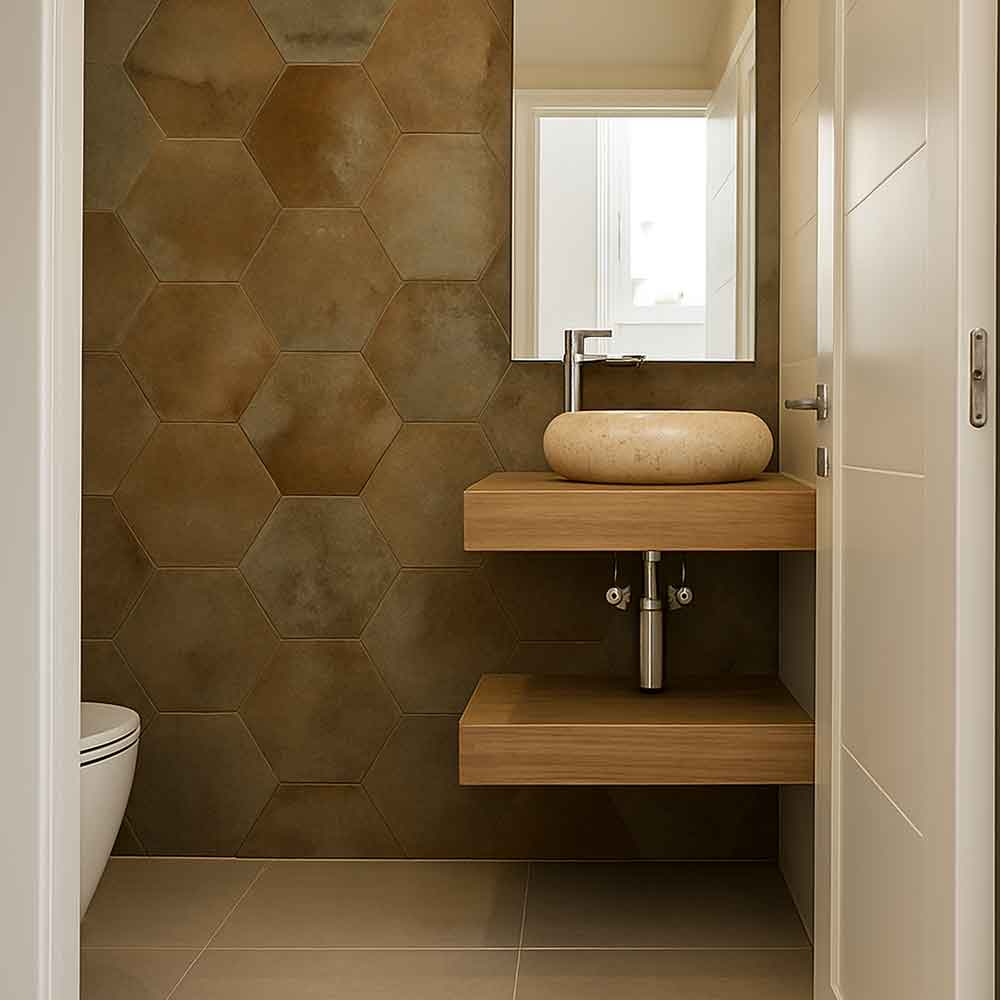Baño moderno con revestimiento cerámico hexagonal marrón y lavabo sobre encimera de madera natural a medida