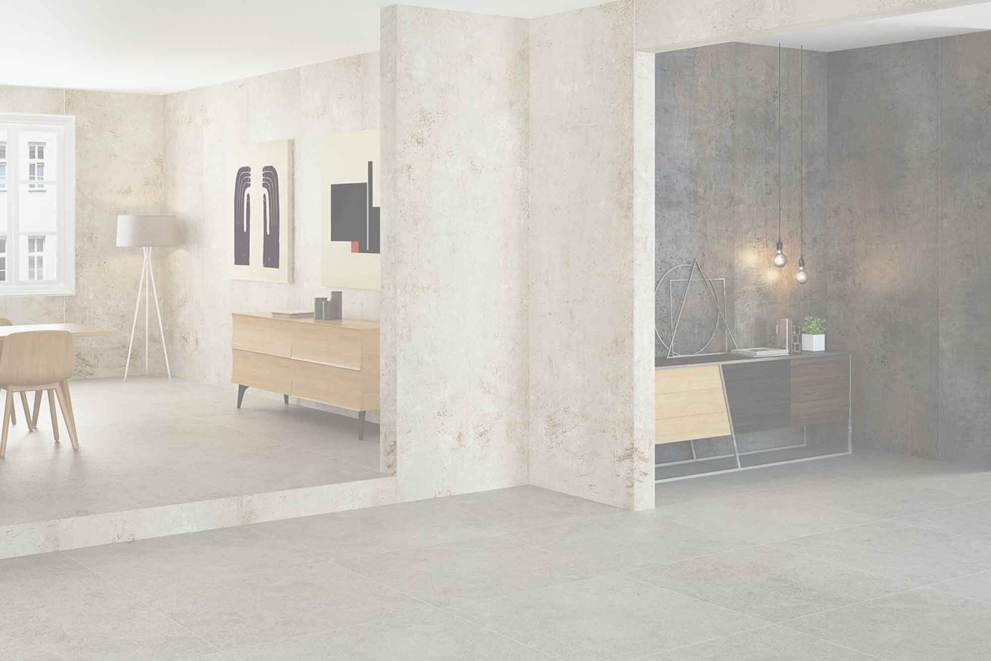 Diseño de interior moderno con paredes y suelos de cerámica efecto piedra, mobiliario de madera clara y decoración minimalista