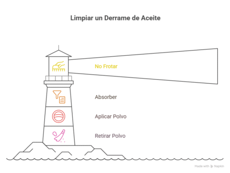 ¿Se puede quitar una mancha de aceite de la baldosa hidráulica? La respuesta honesta 3 Infografía que muestra los pasos para limpiar un derrame de aceite en baldosa hidráulica, usando la metáfora de un faro que ilumina la regla principal: No Frotar