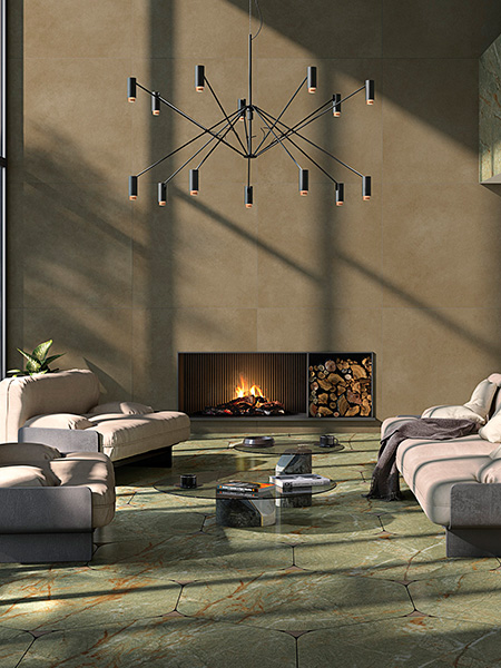 salón moderno con suelo porcelánico verde efecto piedra en piezas irregulares