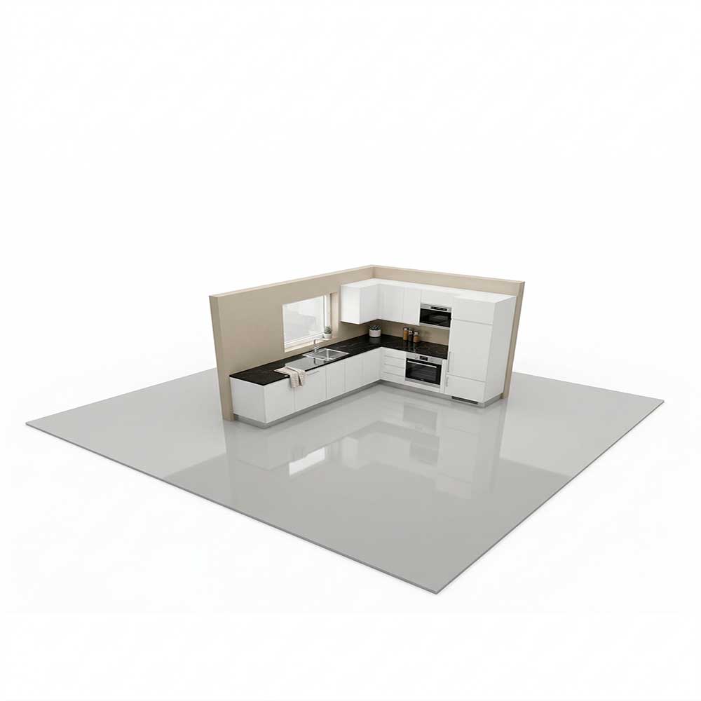 render 3D cocina en L moderna blanca con encimera negra y electrodomésticos integrados