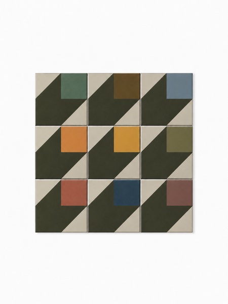 Pavimento Porcelánico Anuenue 30x30 cm Efecto Hidráulico Mate (0.990 m2/cj) 2 Azulejo Anuenue 30x30 cm G.308 con diseño geométrico en tonos verde oscuro, crema, azul, amarillo, naranja, terracota y marrón