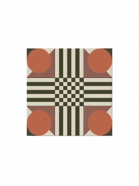 Azulejo Ikaika 30x30 cm G.308 con diseño geométrico de rayas, damero y círculos terracota sobre fondo verde y crema